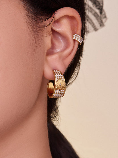 Stainless Steel Five-Petal Flower Zircon Earrings – Elegant Floral Drop Earrings, High-End Fashion Jewelry for Women