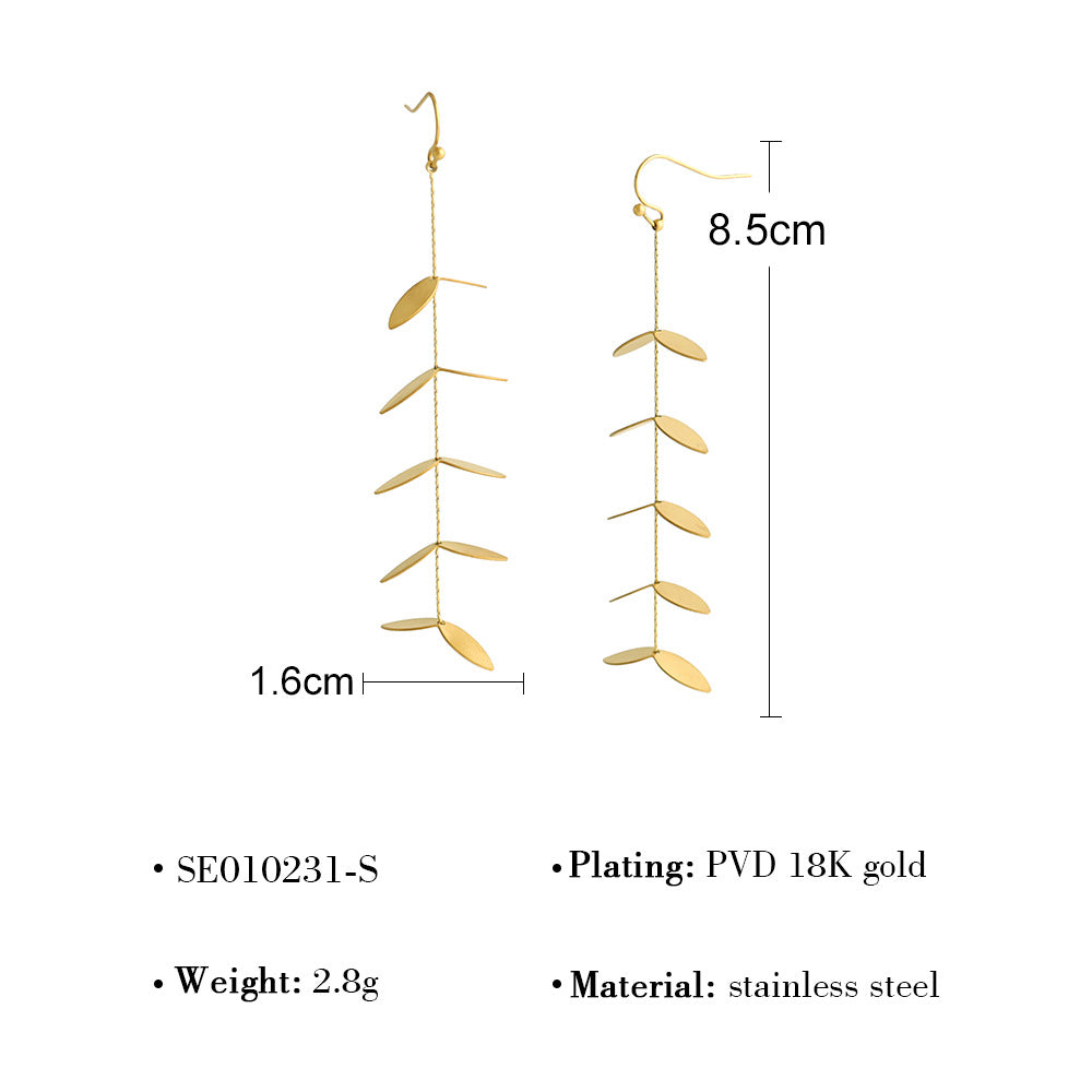 Leaf Tassel Drop Earrings – Stainless Steel Elegant Lightweight Dangle Earrings for Women