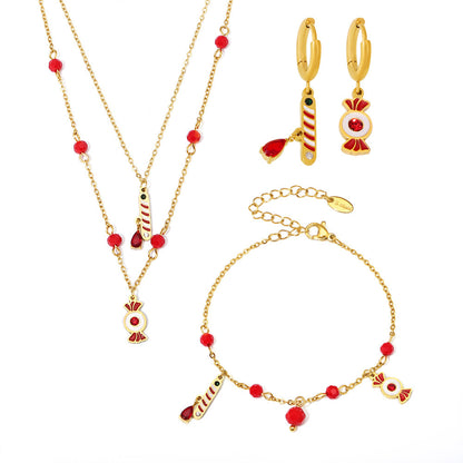 Gold Stainless Steel Christmas Candy Apple Multi-Layer Necklace, Bracelet & Asymmetric Earrings – Holiday Jewelry Gift Set
