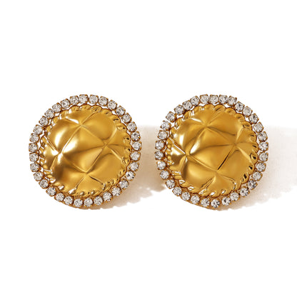 Stainless Steel Crystal Geometric Round Earrings – Textured Luxury Statement Hoop Earrings for Women