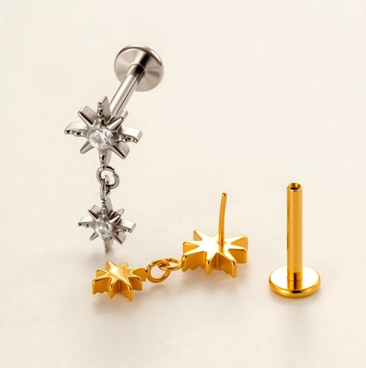Implant Grade ASTM F136 Titanium Threadless Push Pin Sun Zircon Flat Back Stud | Geometric Helix Cartilage Tragus Lip Piercing Jewelry