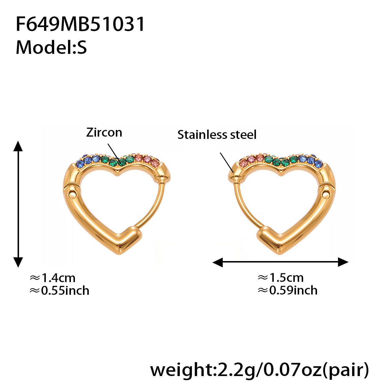 Colorful Cubic Zirconia Heart Hoop Earrings Set | Stainless Steel Simple Chic Ear Cuff for Women