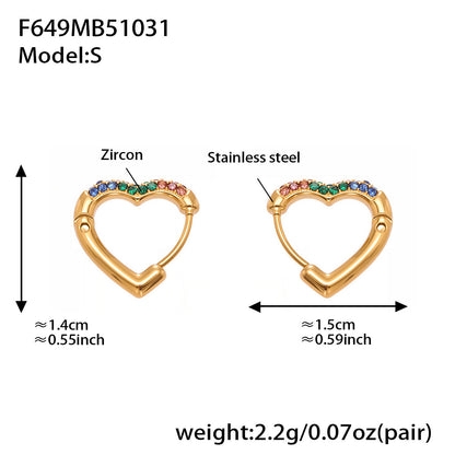 Colorful Cubic Zirconia Heart Hoop Earrings Set | Stainless Steel Simple Chic Ear Cuff for Women