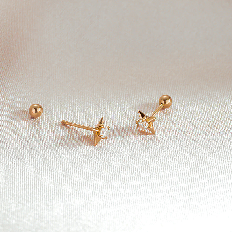 14K Solid Gold Star Piercing Earrings – Four-Pointed Studs for Cartilage & Lobe