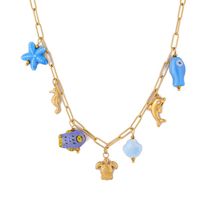 18K Gold Plated Titanium Steel Ocean Pendant Necklace | Seahorse, Starfish, Shell, Turtle, Fish & Dolphin Designs
