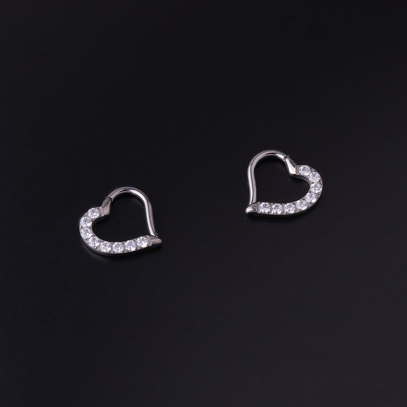 Implant Grade G23 ASTM F136 Titanium Heart Daith Clicker Earring | 16G CZ Hinged Hoop Piercing