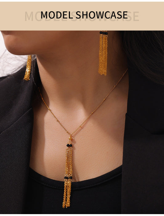 Vintage Black Onyx Tassel Jewelry Set – Stainless Steel Necklace & Earrings | Retro Elegant Fashion Jewelry | Hypoallergenic Gift Set