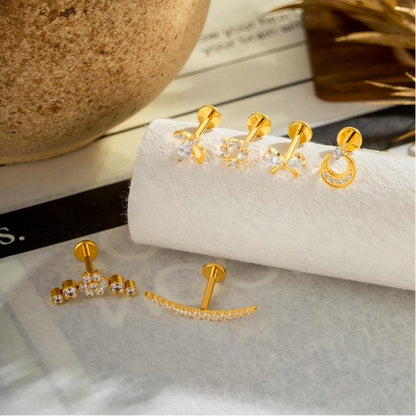 Implant Grade G23 Titanium Cartilage Stud Geometric CZ | Internal Thread 16G Helix Tragus Flat Back Earring
