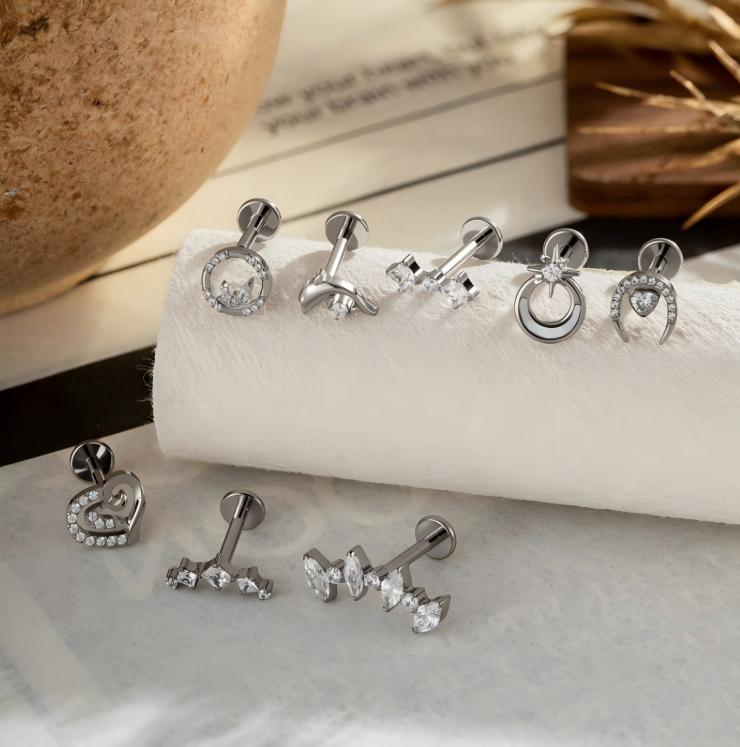 Implant Grade G23 ASTM F136 Titanium CZ Labret Stud | Internal Thread 16G Flat Back Lip & Cartilage Earring