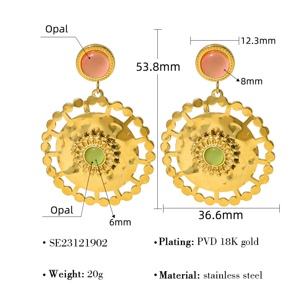 Natural Stone Floral Hoop Earrings – Stainless Steel Turquoise & Opal Drop Earrings for Women