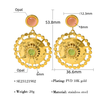 Natural Stone Floral Hoop Earrings – Stainless Steel Turquoise & Opal Drop Earrings for Women