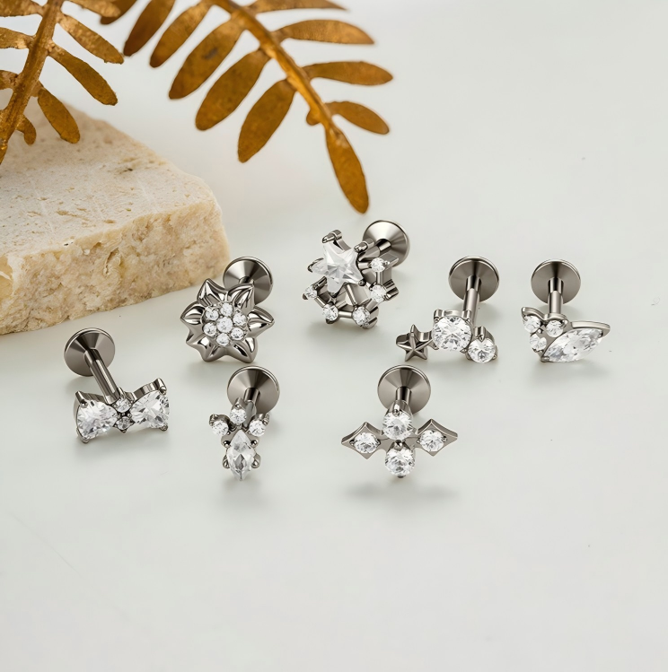 Implant Grade ASTM F136 Titanium Delicate CZ Flat Back Stud | Internal Thread Ear & Lip Piercing Jewelry