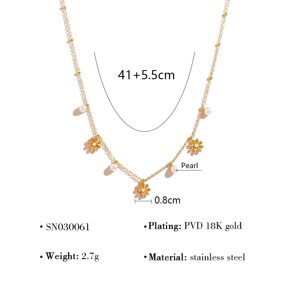 18K Gold Plated Titanium Steel Pearl & Shell Beaded Flower Pendant Necklace | Elegant Fashion Jewelry
