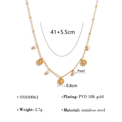 18K Gold Plated Titanium Steel Pearl & Shell Beaded Flower Pendant Necklace | Elegant Fashion Jewelry