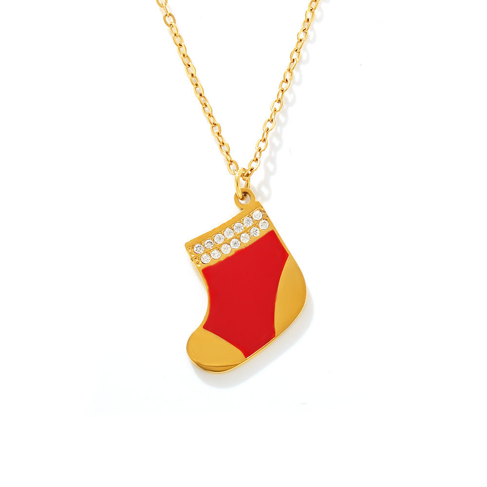 Gold Stainless Steel Christmas Red Sock Pendant Necklace | Festive Holiday Zircon Jewelry Gift