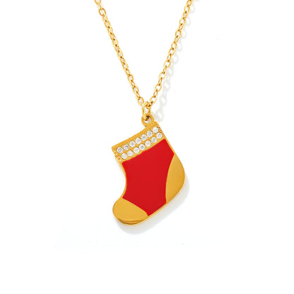 Gold Stainless Steel Christmas Red Sock Pendant Necklace | Festive Holiday Zircon Jewelry Gift