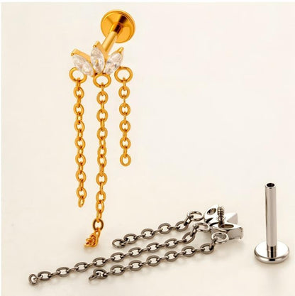 Implant Grade ASTM F136 Titanium Threadless Push Pin Zircon Chain Dangle Flat Back Stud | Geometric Cartilage Helix Tragus Lip Piercing Jewelry
