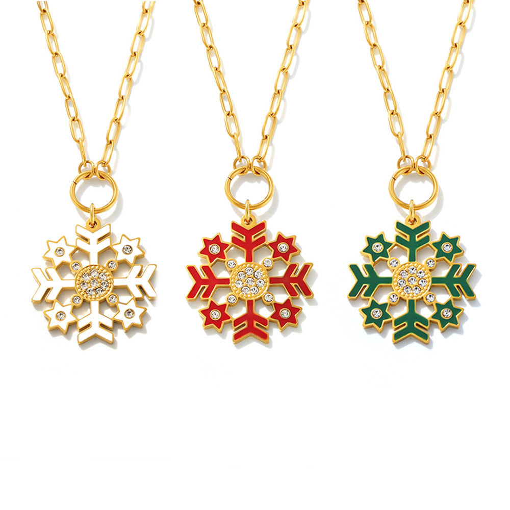 Gold Stainless Steel Christmas Snowflake Long Necklace – White, Green & Red Enamel Pendant Holiday Jewelry