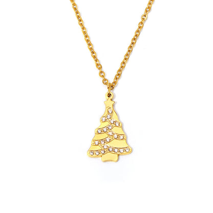 Gold Stainless Steel Christmas Tree Pendant Necklace with Zircon – Elegant Holiday Jewelry Gift