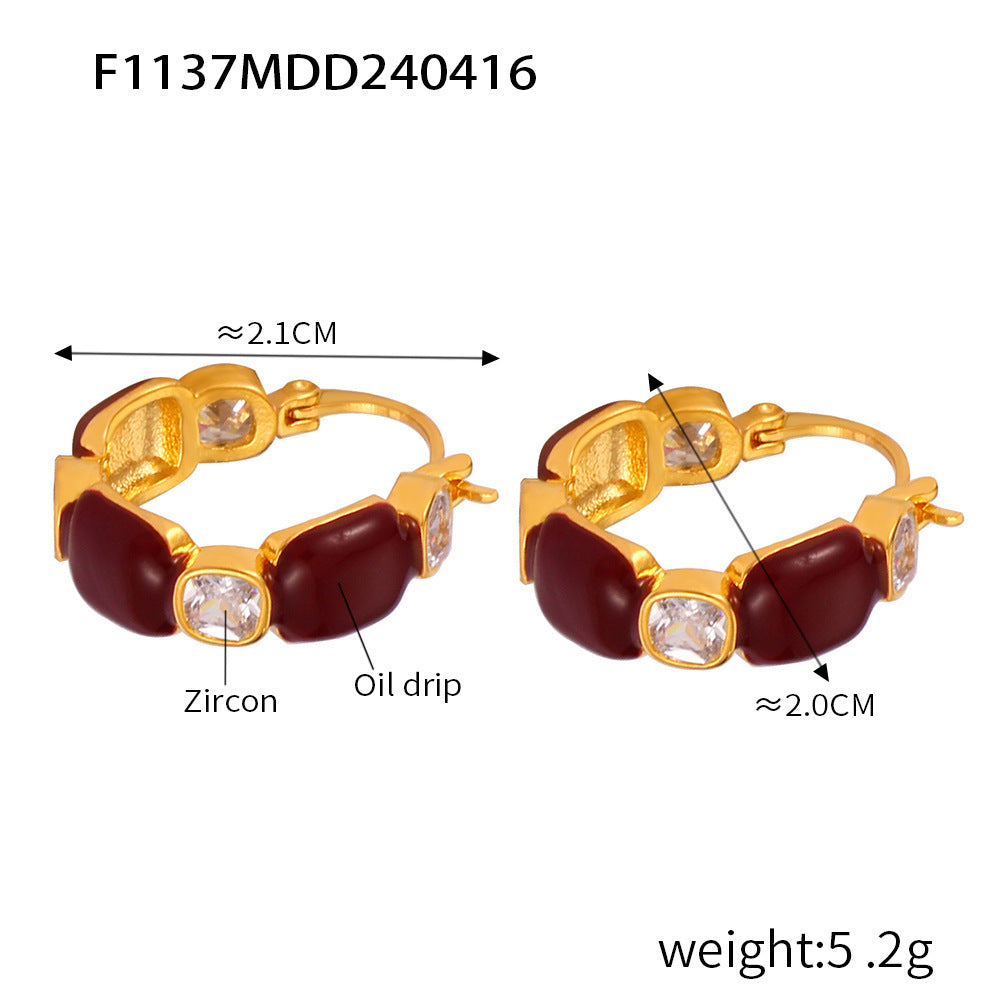 Vintage Weight Enamel Zircon Stud Earrings Set - Gold Stainless Steel Retro Jewelry