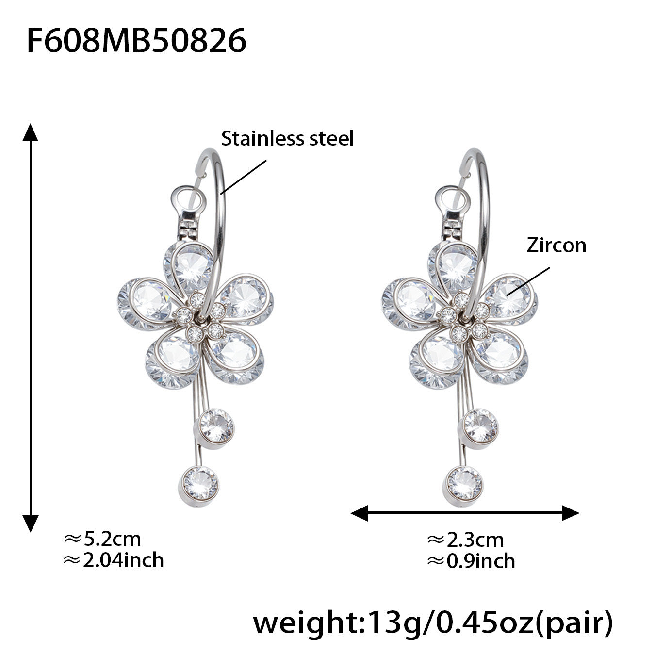 Floral Teardrop Zircon Drop Earrings – Stainless Steel Statement Jewelry for Women