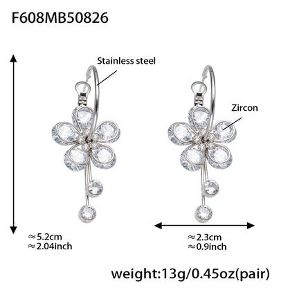 Floral Teardrop Zircon Drop Earrings – Stainless Steel Statement Jewelry for Women