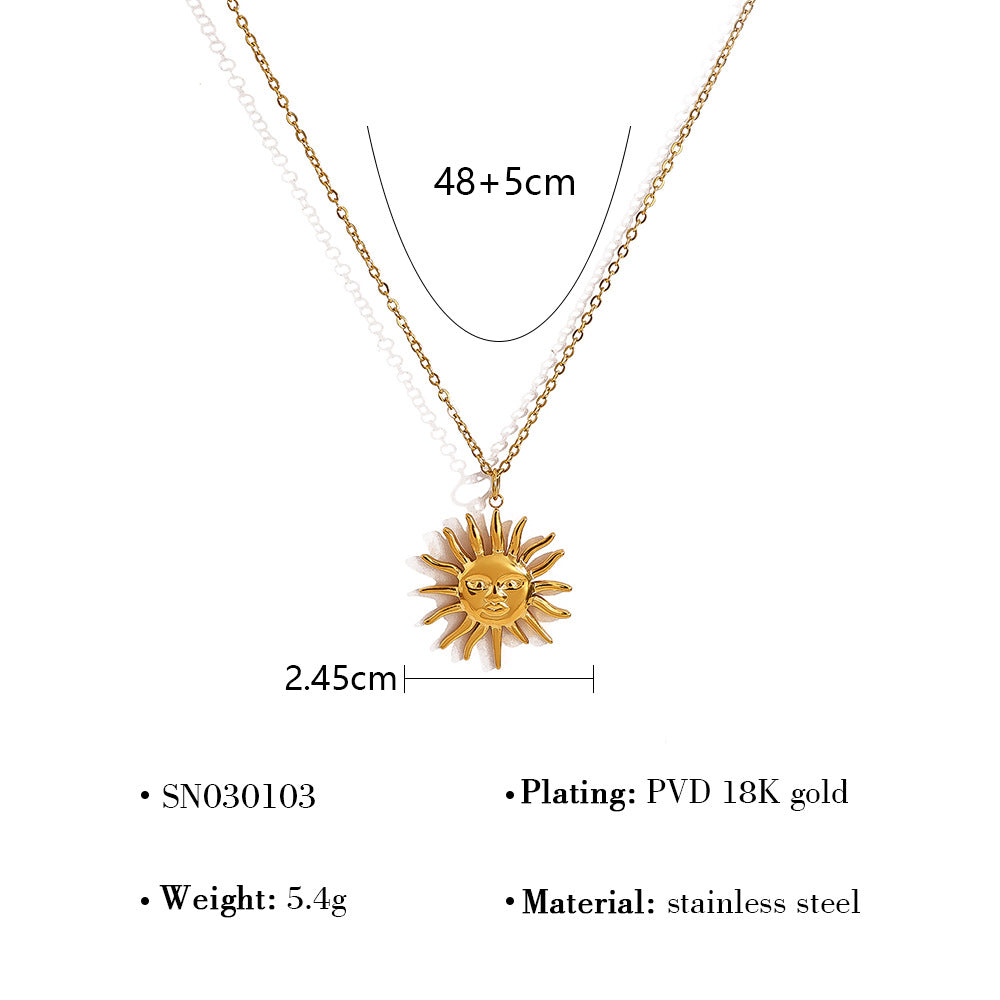 18K Gold Plated Stainless Steel Sun & Star Pendant Necklace – Minimalist Layered Crystal Jewelry for Women
