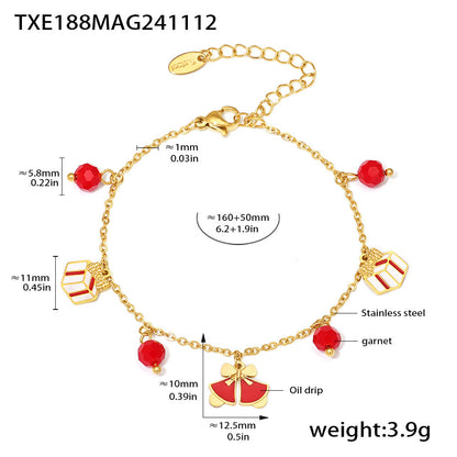 Gold Plated Stainless Steel Double-Layer Bell & Apple Gift Necklace & Bracelet – Garnet Drop