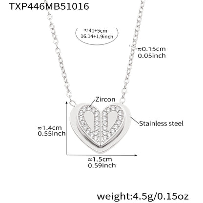 Double Heart Zircon Pendant Necklace, Earrings & Ring Jewelry Set - Gold & Steel Stainless Steel