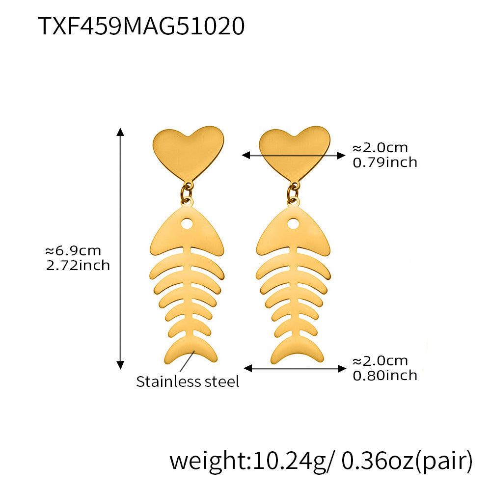 Hollow Fishbone Heart Necklace, Earrings & Ring Set – Long Sweater Chain Jewelry, Fashion Statement Set for Women