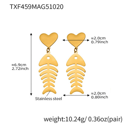 Hollow Fishbone Heart Necklace, Earrings & Ring Set – Long Sweater Chain Jewelry, Fashion Statement Set for Women