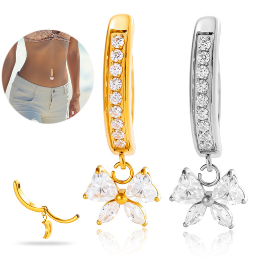 G23/F136 Titanium Heart Zircon Bow Dangle Navel Ring Belly Button Piercing Jewelry – Gold & Silver