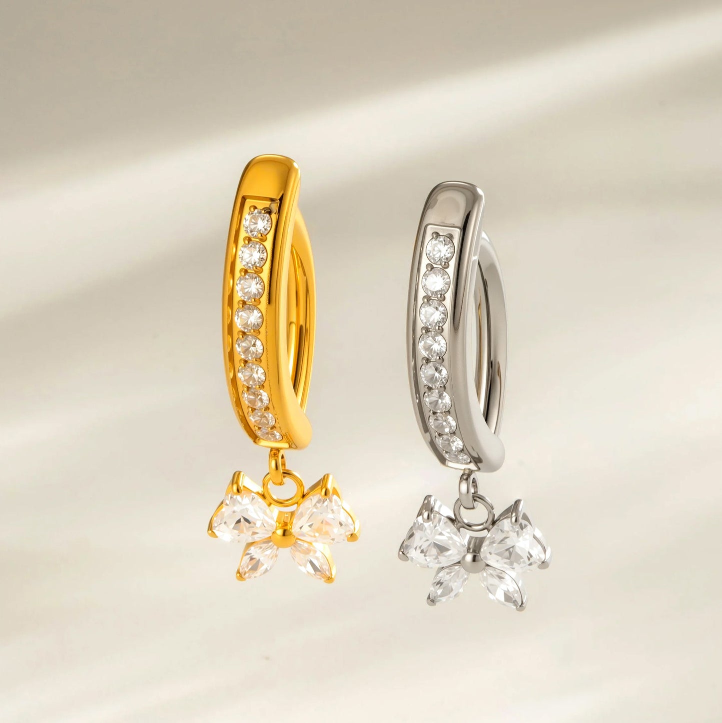 G23/F136 Titanium Heart Zircon Bow Dangle Navel Ring Belly Button Piercing Jewelry – Gold & Silver