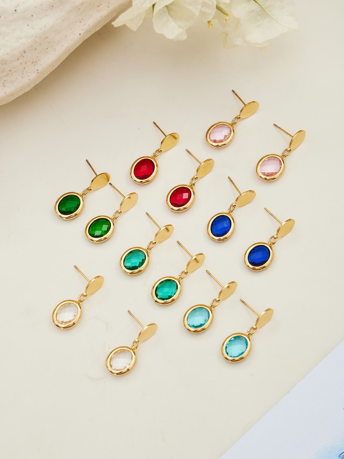 Candy Color Oval Glass Stone Necklace, Bracelet & Earrings Set – Stainless Steel | Fashion Jewelry | Colorful Minimalist Accessories