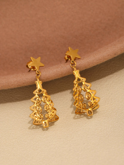 Stainless Steel Hollow Life Tree Drop Earrings – Gold Elegant Statement Dangle Earrings for Women