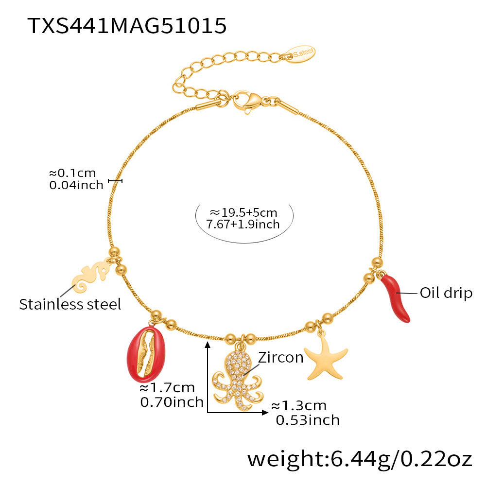 Coral Red Fish, Octopus & Turtle Pendant Jewelry Set – Stainless Steel Necklace, Bracelet, Anklet & Earrings | Trendy Ocean Style Accessories