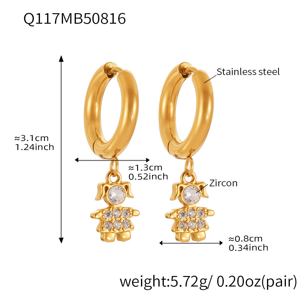 Trendy Stainless Steel Zircon Pendant Hoop Earrings Set – Creative Human & Animal Shapes, Gold Plated Fashion Jewelry