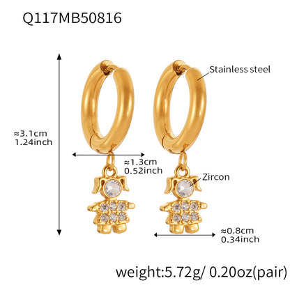 Trendy Stainless Steel Zircon Pendant Hoop Earrings Set – Creative Human & Animal Shapes, Gold Plated Fashion Jewelry