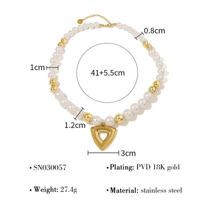 Vintage Pearl Beaded Hollow Triangle Pendant Necklace | 18K Gold & Silver Stainless Steel Elegant Jewelry for Women