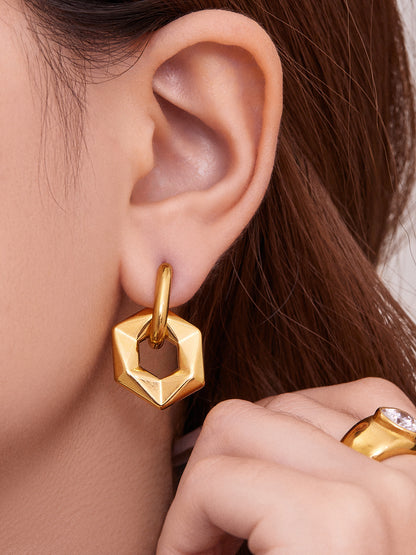 Stainless Steel Hexagon Hoop Earrings – Geometric Vintage Minimalist Earrings for Women, High-End Fashion Jewelry