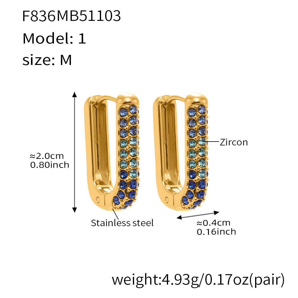 Stainless Steel Long U-Shaped Hoop Earrings with 5A Zircon – Elegant Colorful Statement Fashion Jewelry