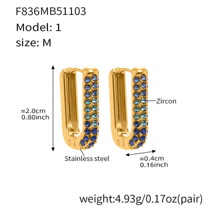 Stainless Steel Long U-Shaped Hoop Earrings with 5A Zircon – Elegant Colorful Statement Fashion Jewelry