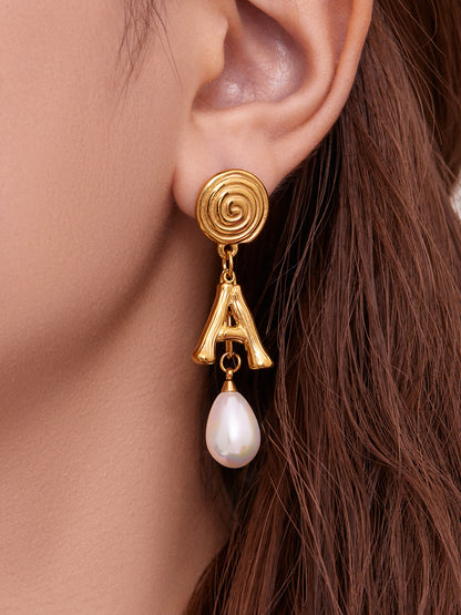 Stainless Steel Letter A Pearl Drop Earrings – Spiral Circle Design | Elegant Statement Earrings for Women