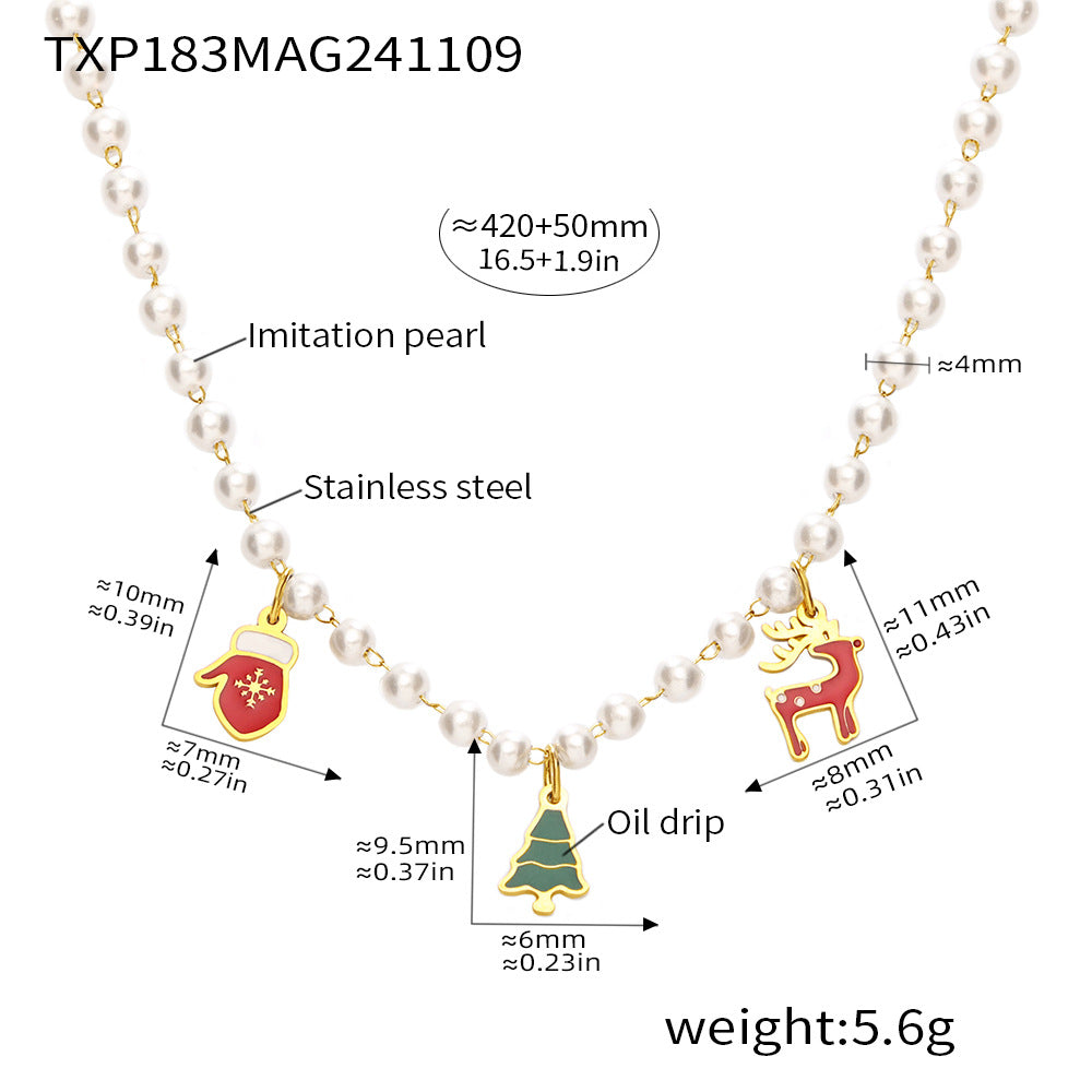 Christmas Tree Reindeer Glove Pendant Imitation Pearl Enamel Necklace & Bracelet Set – Stainless Steel Gold Plated Holiday Jewelry