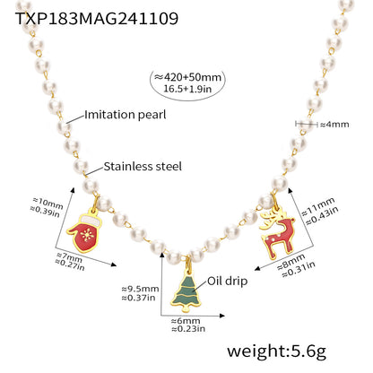 Christmas Tree Reindeer Glove Pendant Imitation Pearl Enamel Necklace & Bracelet Set – Stainless Steel Gold Plated Holiday Jewelry