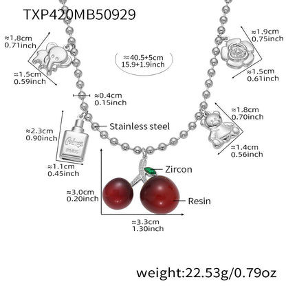 Cherry Zircon Jewelry Set | Gold & Silver Stainless Steel Necklace, Bracelet & Earrings | Trendy Red Resin Cherry Collection by WANTI Jewelry