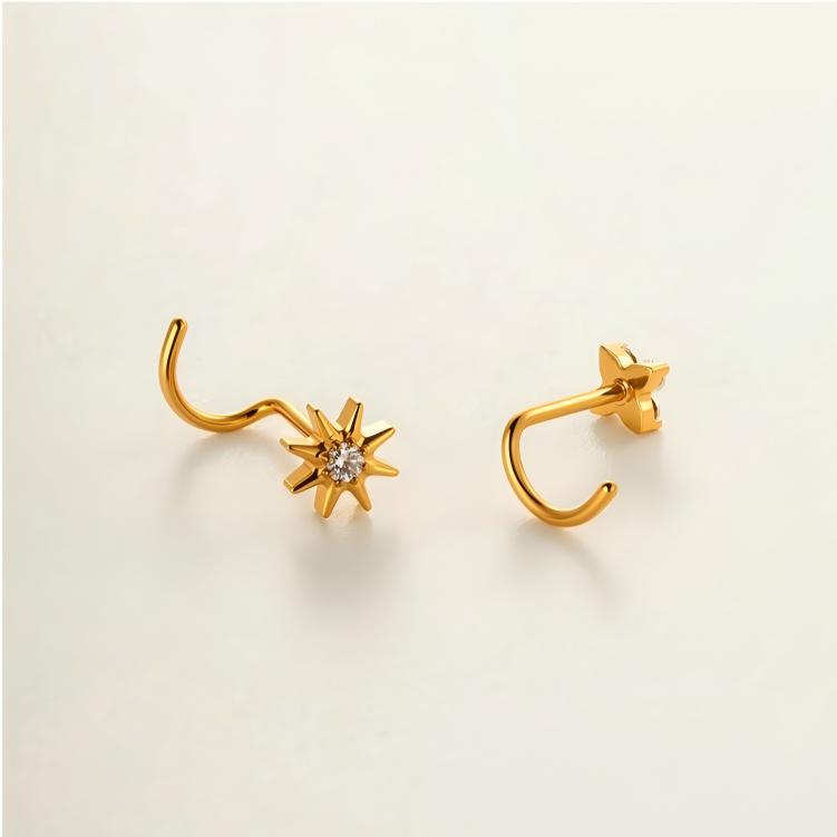 Implant Grade ASTM F136 Titanium Star Lightning Nose Stud S-Bend CZ Nose Stud Nostril Piercing Jewelry Hypoallergenic