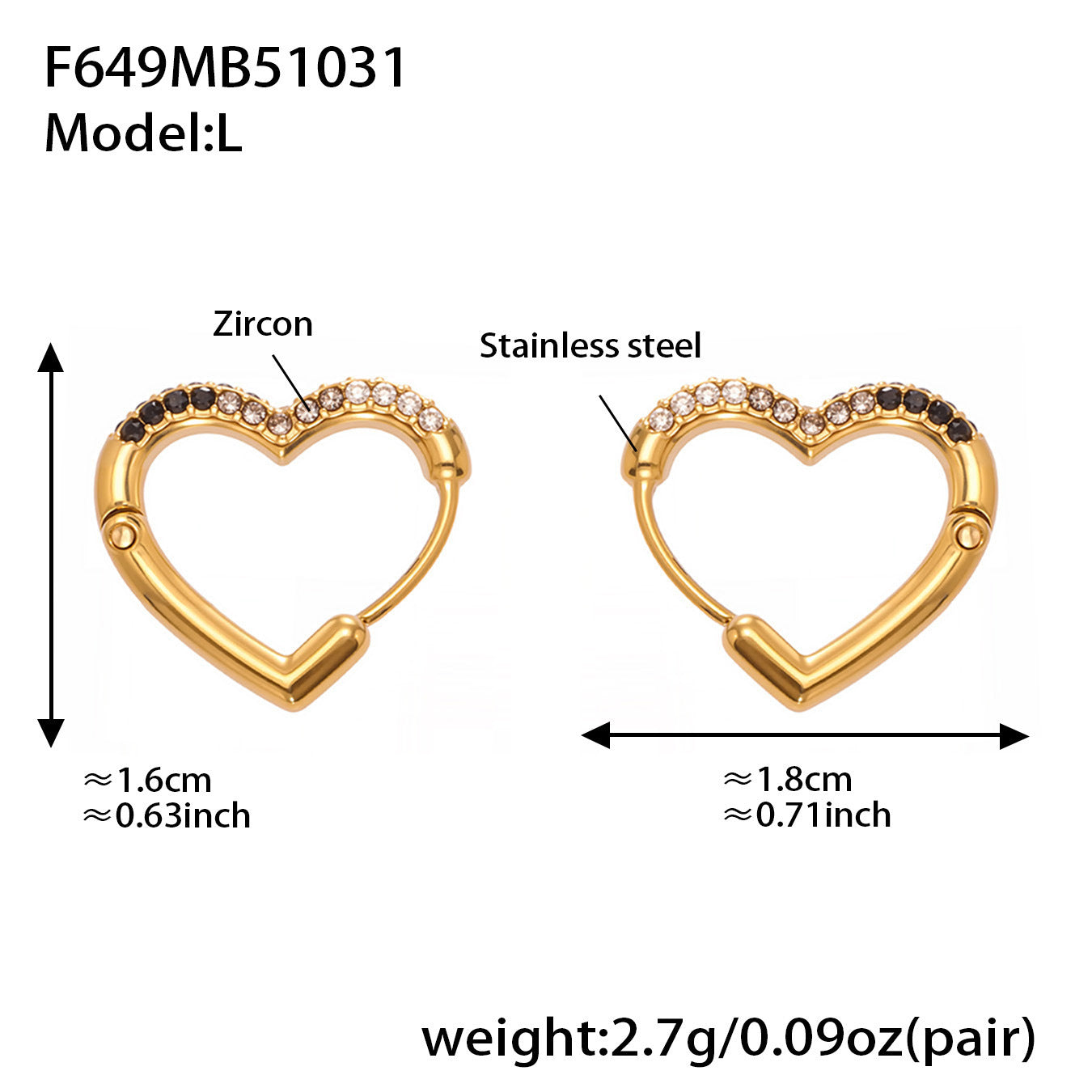 Colorful Cubic Zirconia Heart Hoop Earrings Set | Stainless Steel Simple Chic Ear Cuff for Women