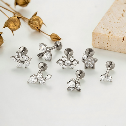 Implant Grade ASTM F136 Titanium Classic CZ Flat Back Labret Stud | Internal Thread Ear & Lip Piercing Jewelry