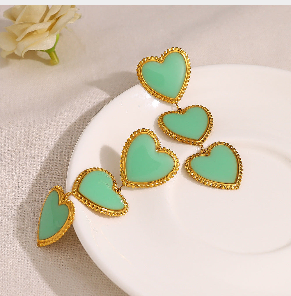 Retro Green Enamel Heart Tassel Drop Earrings – Long Stainless Steel Statement Earrings | WANTI Jewelry